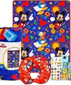 Mickey Mouse Travel Blanket and Pillow Set - Bundle with Mickey Mouse Blanket, Neck Pillow, Stickers, More - Mickey Travel Accessories for Kids - 1