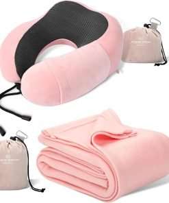 Pink Travel Neck Pillow and Blanket Set for Airplane Travel Essentials Womens Memory Foam Neck Pillow and Compact Soft Airplane Blanket with Bag for Traveling Airport Car Sleeping - 1