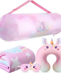 Unicorn Travel Blanket and Pillow Set for Kids Unicorn Airplane Blanket Soft Kids Neck Pillow Eye Mask and Adjustable Storage Bag Cute Travel Accessories for Girl - 1
