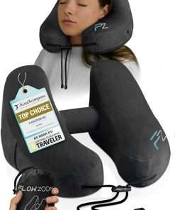 Air Inflatable Neck Pillow for Traveling on Plane - H-Shape Hooded Airplane Pillow with 5 Snooze Modes, Fast Inflation, Pressure Control, Cozy Clip-On Hood & Plushy Cover - Size L, Jet Black - 1