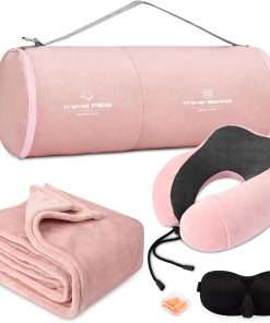 Travel Pillow and Blanket Set Neck Pillows Travel Essentials with Sleep Mask for Airplane Car Memory Foam Pink - 1