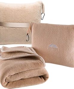 BlueHills Premium Soft Travel Blanket Pillow Airplane Blanket Packed in Soft Bag Pillowcase with Hand Luggage Belt Backpack Clip Compact Pack Large Portable Flight Throw Beige T005 - 1