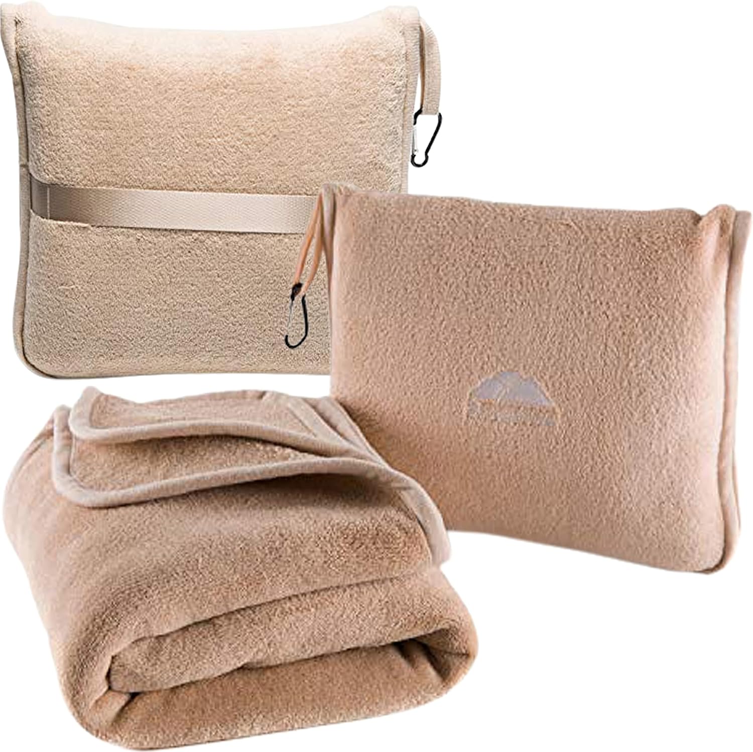 BlueHills Premium Soft Travel Blanket Pillow Airplane Blanket Packed in Soft Bag Pillowcase with Hand Luggage Belt Backpack Clip Compact Pack Large Portable Flight Throw Beige T005 - 1