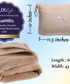 BlueHills Premium Soft Travel Blanket Pillow Airplane Blanket Packed in Soft Bag Pillowcase with Hand Luggage Belt Backpack Clip Compact Pack Large Portable Flight Throw Beige T005 - 3