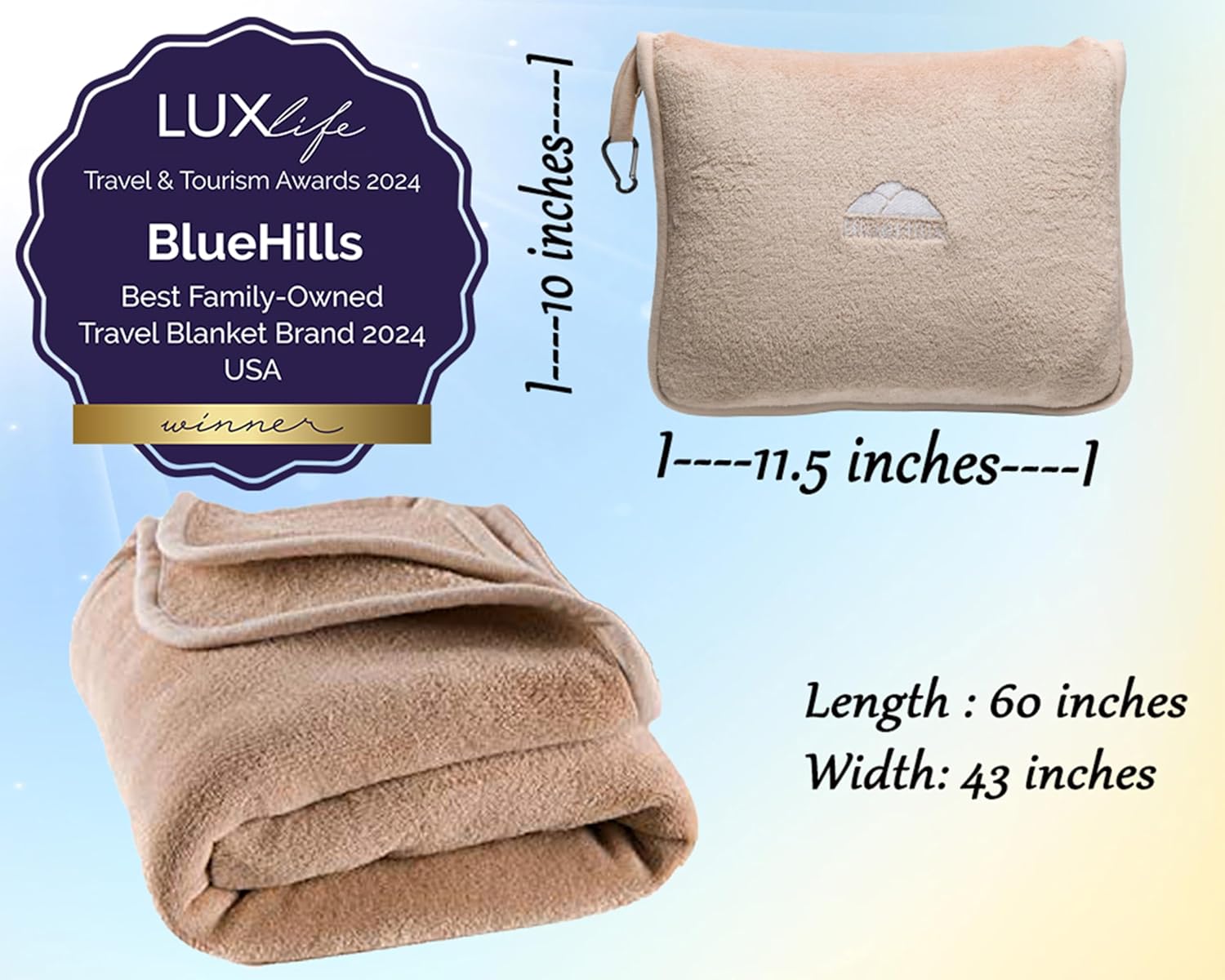 BlueHills Premium Soft Travel Blanket Pillow Airplane Blanket Packed in Soft Bag Pillowcase with Hand Luggage Belt Backpack Clip Compact Pack Large Portable Flight Throw Beige T005 - 3