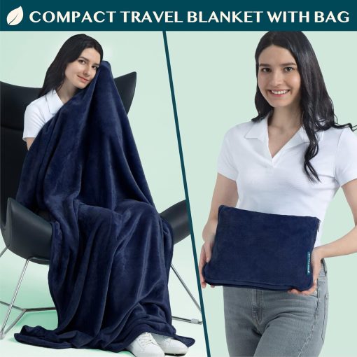 PAVILIA Travel Blanket Pillow, Soft Airplane Blanket 2-IN-1 Combo Set, Plane Blanket Compact Packable, Flight Essentials Car Pillow, Travelers Gifts Accessories Luggage Backpack Strap - 2