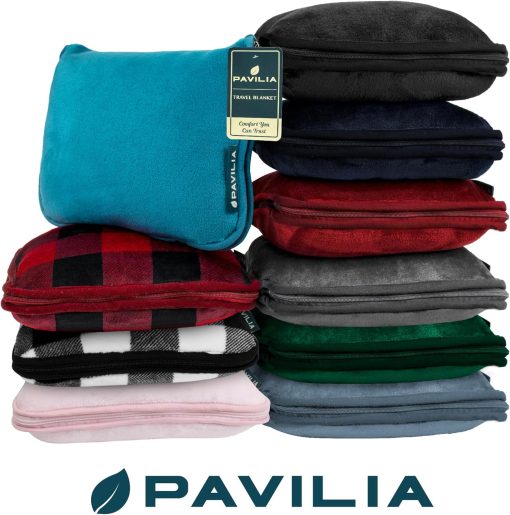 PAVILIA Travel Blanket Pillow, Soft Airplane Blanket 2-IN-1 Combo Set, Plane Blanket Compact Packable, Flight Essentials Car Pillow, Travelers Gifts Accessories Luggage Backpack Strap - 8