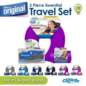 Cloudz Microbead Travel Neck Pillow, Sleep Mask & Compact Blanket Travel Kit - Bright Purple