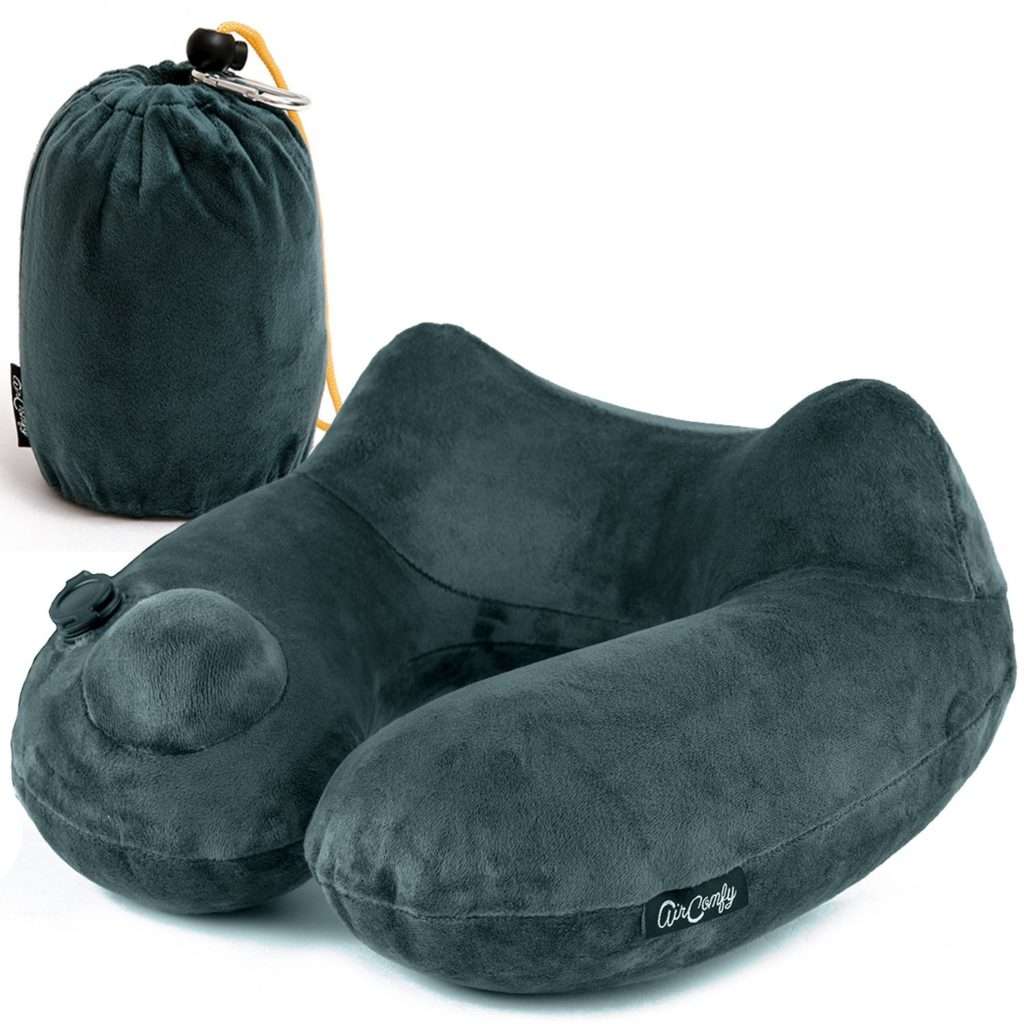 Daydreamer Inflatable Neck Travel Pillow – Luxuriously Soft Washable Cover and Compact Packsack with Travel Clip – for Lightweight Support in Airplane, Car, Train, Bus and Home – Gray