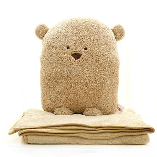 Dr.Luck 3 in 1 Bear Travel Blanket & Hand Warm & Pillow Set Adults Kids Throw Pillow Cushion (Brown)