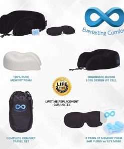 Everlasting Comfort 100% Pure Memory Foam Neck Pillow Airplane Travel Kit With Ultra Plush Velour Cover, Sleep Mask and Earplugs