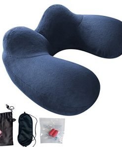 FMAB Travel Pillow, Inflatable Travel and Neck Pillow for Head and Neck, Washable Portable Air Travel Set with Ear Plugs, Eye Mask and Drawstring Bag
