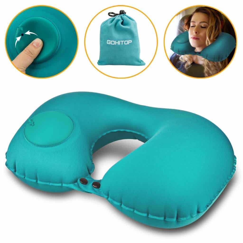 Gohitop Travel Pillows for Airplanes Best Adjustable Inflatable Flying Multi Traveling Foldable Compact Self Inflating Neck Chin Support Pillow Train Car Rest Portable Special Green
