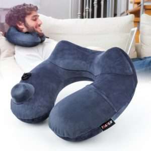 Inflatable Travel Pillow, Neck Pillow - Ergonomic, Patented & Best Adjustable for Airplane, Auto, Bus, Train, Office Napping, Camping, Wheelchairs (Deep Blue)