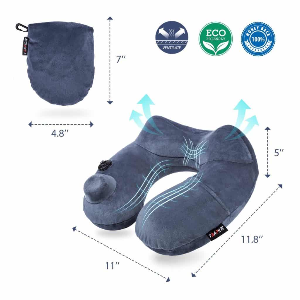 Inflatable Travel Pillow, Neck Pillow - Ergonomic, Patented & Best Adjustable for Airplane, Auto, Bus, Train, Office Napping, Camping, Wheelchairs (Deep Blue)