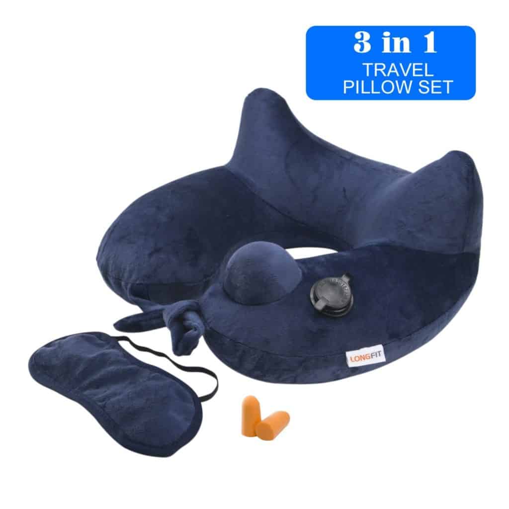 Longfit Soft Velvet Inflatable Travel Neck Pillow with Built-in Pump, Extra-Soft Washable Cover, and Compact Travel Pillow Set for Airplane,Traveling and all kinds of Relax