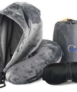 Memory Foam Airplane Travel Pillow Set w/3D Contour Face Mask Provides Optimal Head & Neck Support, Hooded Design Blocks Out Light So Your Plane Ride Transforms into a Relaxing Oasis