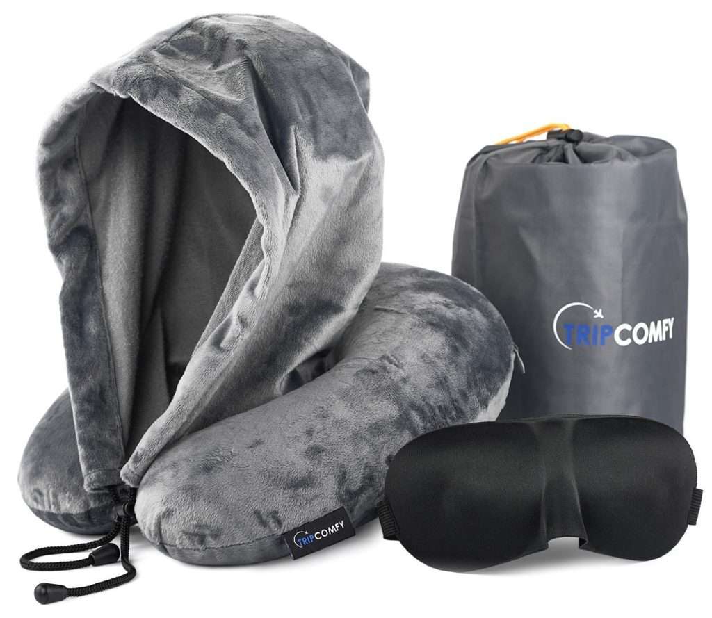 Memory Foam Airplane Travel Pillow Set w/3D Contour Face Mask Provides Optimal Head & Neck Support, Hooded Design Blocks Out Light So Your Plane Ride Transforms into a Relaxing Oasis