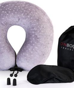 Memory Foam Travel Neck Pillow Kit - Includes Sleeping Mask, Earplugs, Carry Bag, Neck Pillow with Adjustable Toggles & Velour Cover Utopia Home