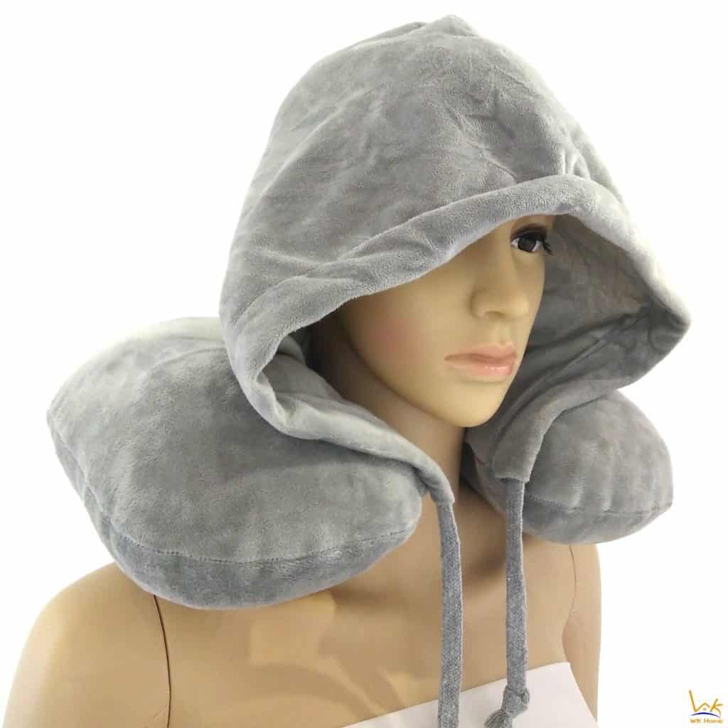 WK Home Traveler Travel Neck Inflatable Pillow with Hoodie Build-In Hand Pump & Hat (Comes with carry case) Grey