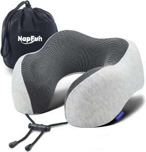 NAPFUN Neck Pillow for Traveling, Upgraded Travel Neck Pillow for Airplane 100% Pure Memory Foam Travel Pillow for Flight Headrest Sleep, Portable Plane Accessories, Light Grey