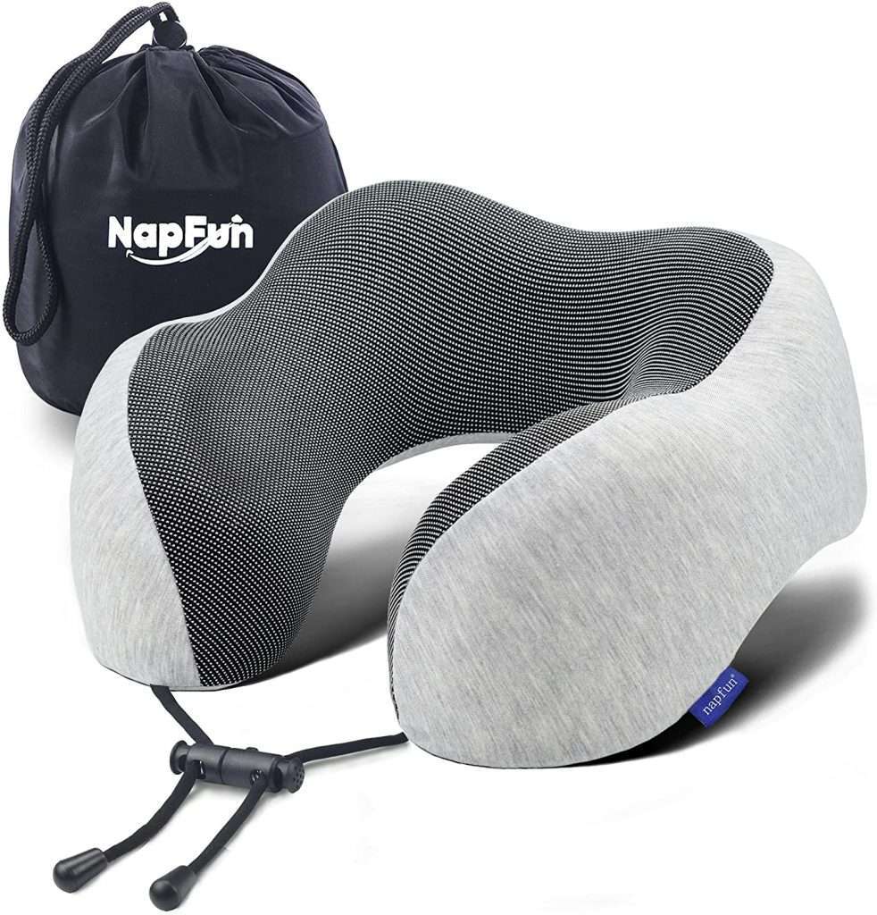 NAPFUN Neck Pillow for Traveling, Upgraded Travel Neck Pillow for Airplane 100% Pure Memory Foam Travel Pillow for Flight Headrest Sleep, Portable Plane Accessories, Light Grey