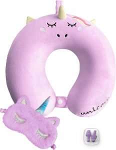 urnexttour Travel Neck Pillow for Kids, Unicorn Memory Foam Pillow with Cute Sleep Mask & Earplugs