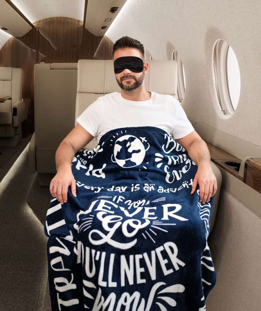 EasyFluffy Compact Travel Blanket with Pillowcase Bag – Airplane Travel Essentials for Flying – 2-in-1 Travel Pillow Blanket – Classy & Quirky Print – 40″ x 65″ – Navy Blue