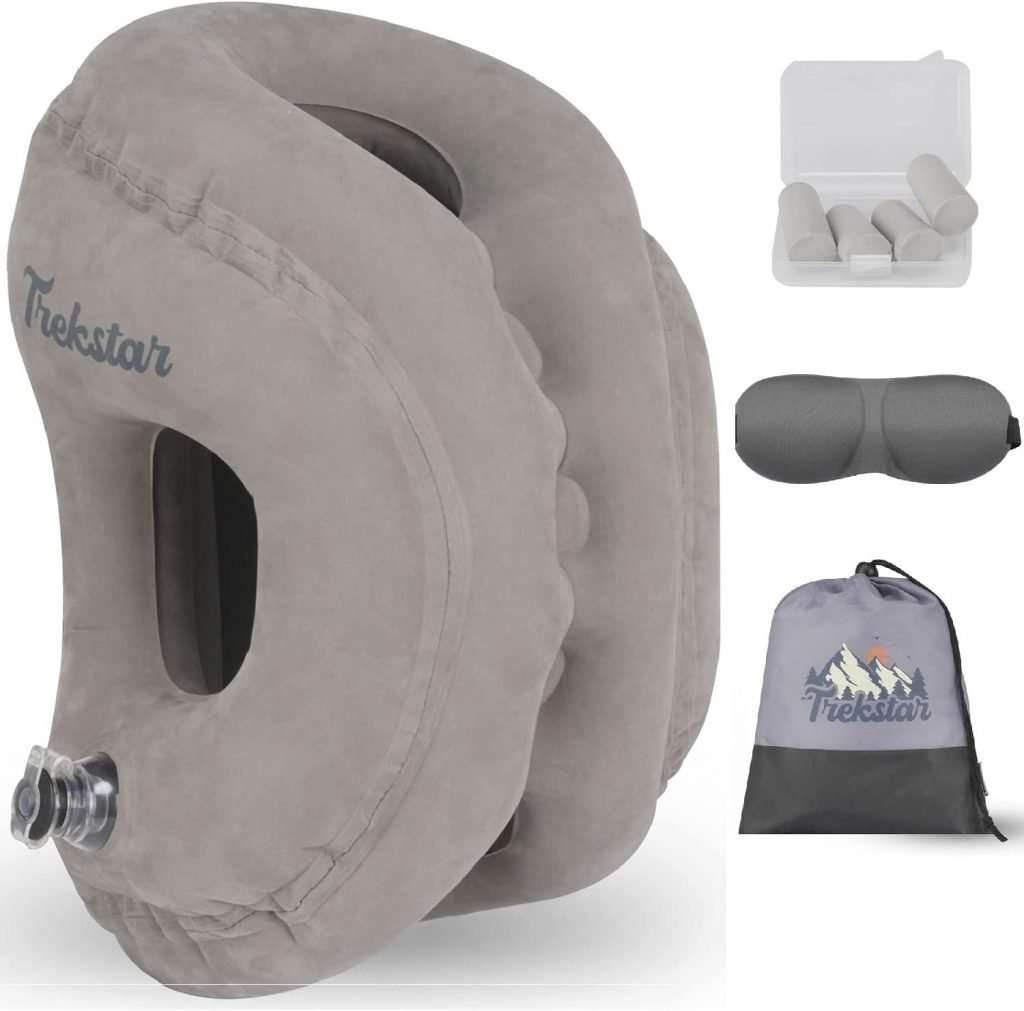 TrekStar Backpacking Inflatable Travel Pillow | Comfortable, Small, & Ergonomic Design | Supports Head, Neck Pain for Sleeping Aid in Airplane, Camping, Hiking with Eye Mask, Earplugs Gray Accessories