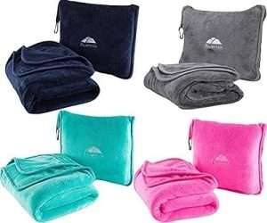 BlueHills Premium Soft Travel Blanket Pillow Value Pack Set of 4 - Airplane Flight Blanket Throw in Bag with Luggage Belt Compact Pack Large Blanket