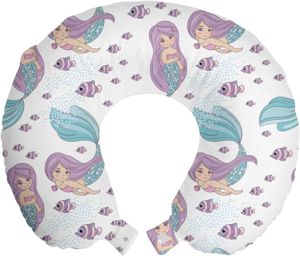 Ambesonne Mermaid Travel Pillow Neck Rest, Underwater Fantasy Fish Girl Woman Swimming Exotic Cartoon, Memory Foam Traveling Accessory for Airplane and Car, 12″, Lilac Blue