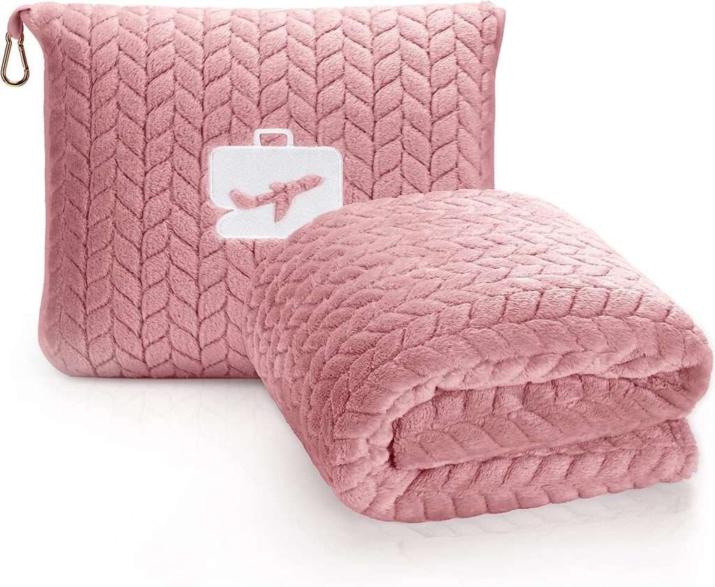 EverSnug Premium Travel Blanket Pillow – Soft 2 in 1 Airplane Blanket with Soft Bag Pillowcase, Hand Luggage Sleeve and Backpack Clip (Light Pink)
