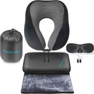 Proglobe Travel Blanket Luxury Travel Set - Ergonomic Airplane Neck Pillow 100% Pure Memory Foam and Super Soft Fleece Blanket