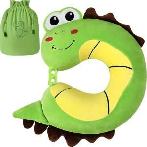urnexttour Kids Travel Pillow, Cute Dinosour Memory Foam Neck Pillow with Travel Bag, Soft Adjustable Airplane Pillow for Chin Support