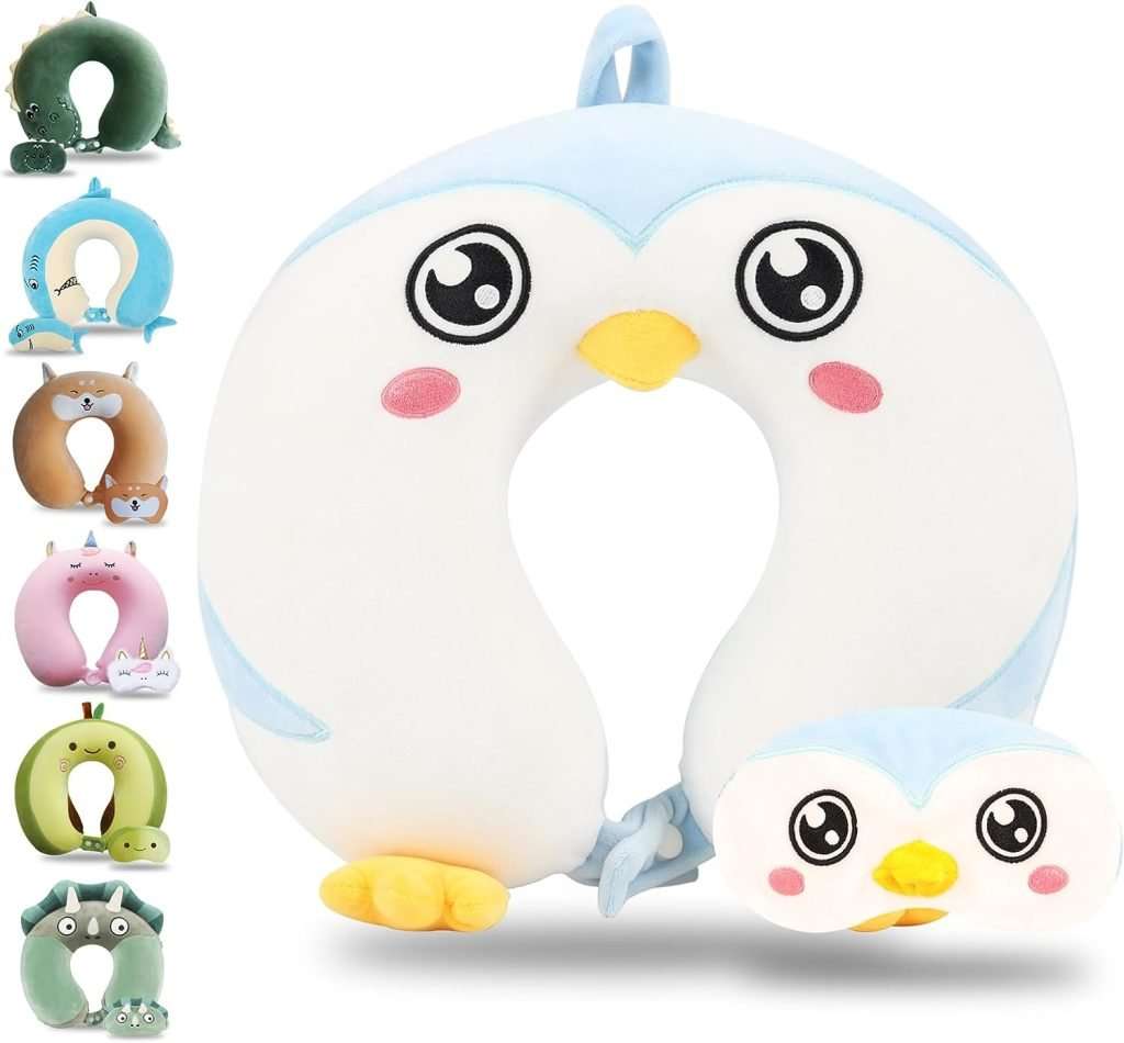 Sexysamba Cartoon Headrest & Neck Pillow for Kids Boys & Girls, Teens, Travel Accessories for Airplane, Car, Recline, Memory Foam Cute Travel Pillow with Sleep Eye Mask – Penguin