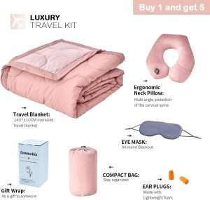 Commollis Travel Blanket Luxury Travel Set -Travel Blanket and Pillow Set - Portable Inflatable Travel Neck Pillow and Premium Soft Airplane Blanket 2