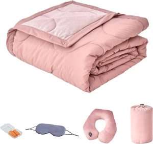 Commollis Travel Blanket Luxury Travel Set -Travel Blanket and Pillow Set - Portable Inflatable Travel Neck Pillow and Premium Soft Airplane Blanket