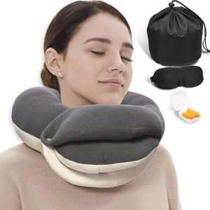 BUYUE Travel Neck Pillows for Airplanes, 360° Head Support Sleeping Essentials for Long Flight, Skin-Friendly & Breathable, Kit with 3D Contoured Eye Mask, Earplugs and Storage Bag - 1