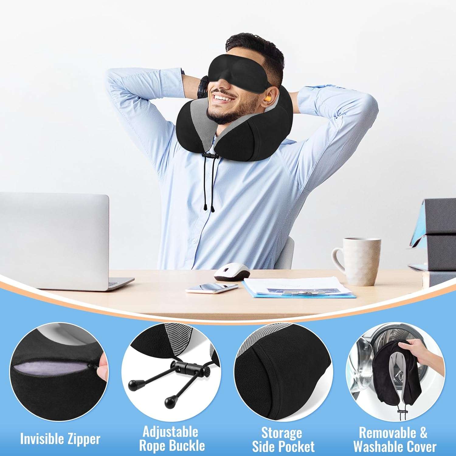CloudBliss Travel Pillow Premium Memory Foam, Comfortable & Supportive Neck Pillow, Pain Relief Sleeping Neck Pillows for Travel, Airplane Pillow for Sleeping Airplane, Car, Office and Home - 4