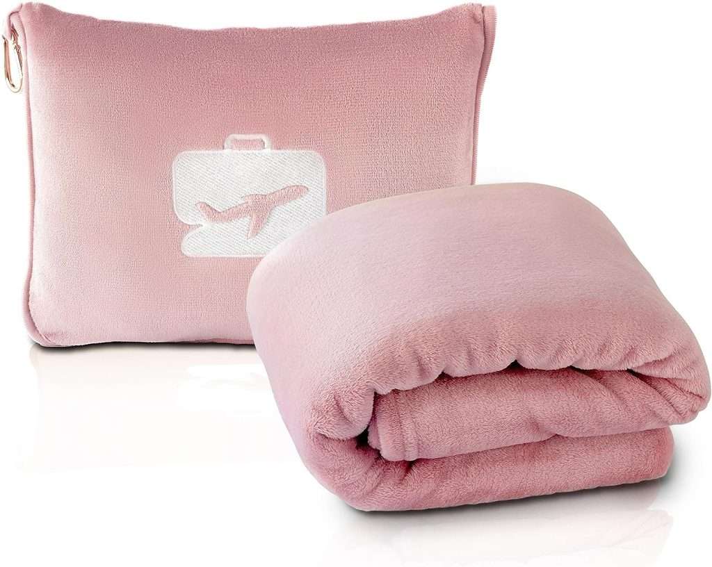 EverSnug Travel Blanket and Pillow – Premium Soft 2 in 1 Airplane Blanket with Soft Bag Pillowcase, Hand Luggage Sleeve and Backpack Clip (Light Pink)