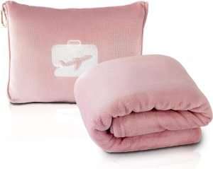 EverSnug Travel Blanket and Pillow - Premium Soft 2 in 1 Airplane Blanket with Soft Bag Pillowcase, Hand Luggage Sleeve and Backpack Clip (Light Pink) - 1
