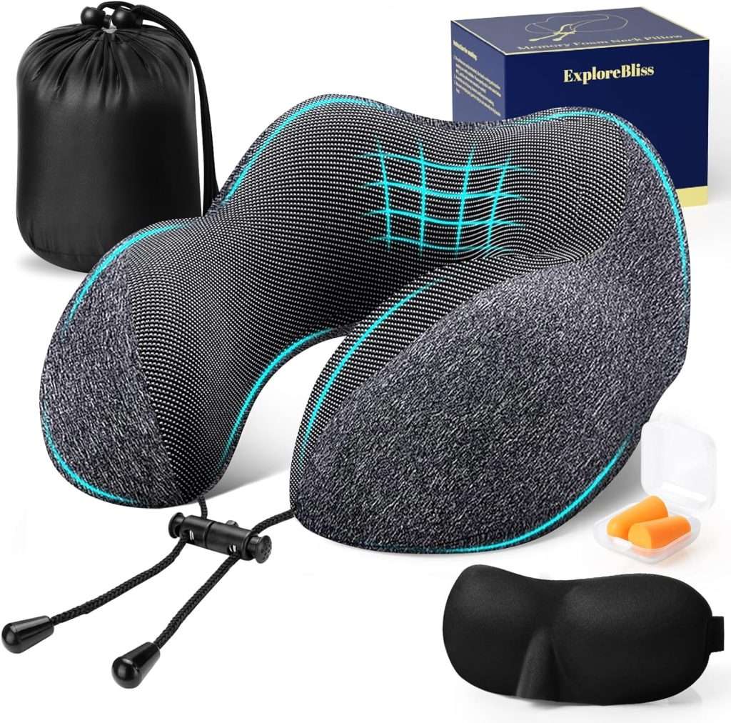 ExploreBliss Travel Pillow, Travel Pillows for Sleeping Airplane, Removable Cover Neck Pillow with Adjustable Clasp, Memory Foam Neck Pillow Set with Eye Mask, Earplugs and Storage Bag (Dark Grey)
