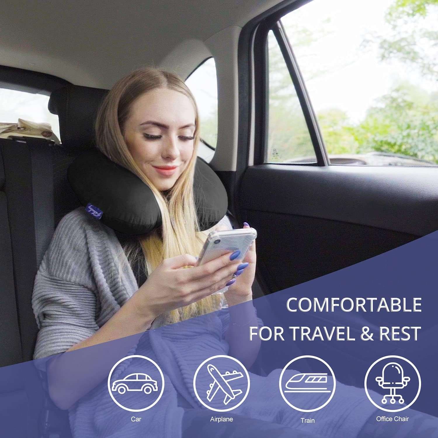 Fabuday Memory Foam Travel Pillows for Airplanes - Neck Pillow for Traveling with Attachable Snap Strap Soft Washable Cover, Flight Pillow for Sleeping, Car, Home, Office, Black - 3