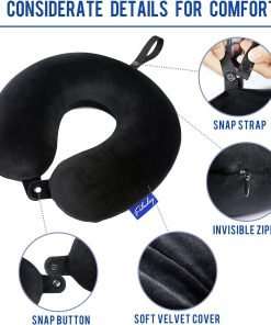 Fabuday Memory Foam Travel Pillows for Airplanes - Neck Pillow for Traveling with Attachable Snap Strap Soft Washable Cover, Flight Pillow for Sleeping, Car, Home, Office, Black - 6