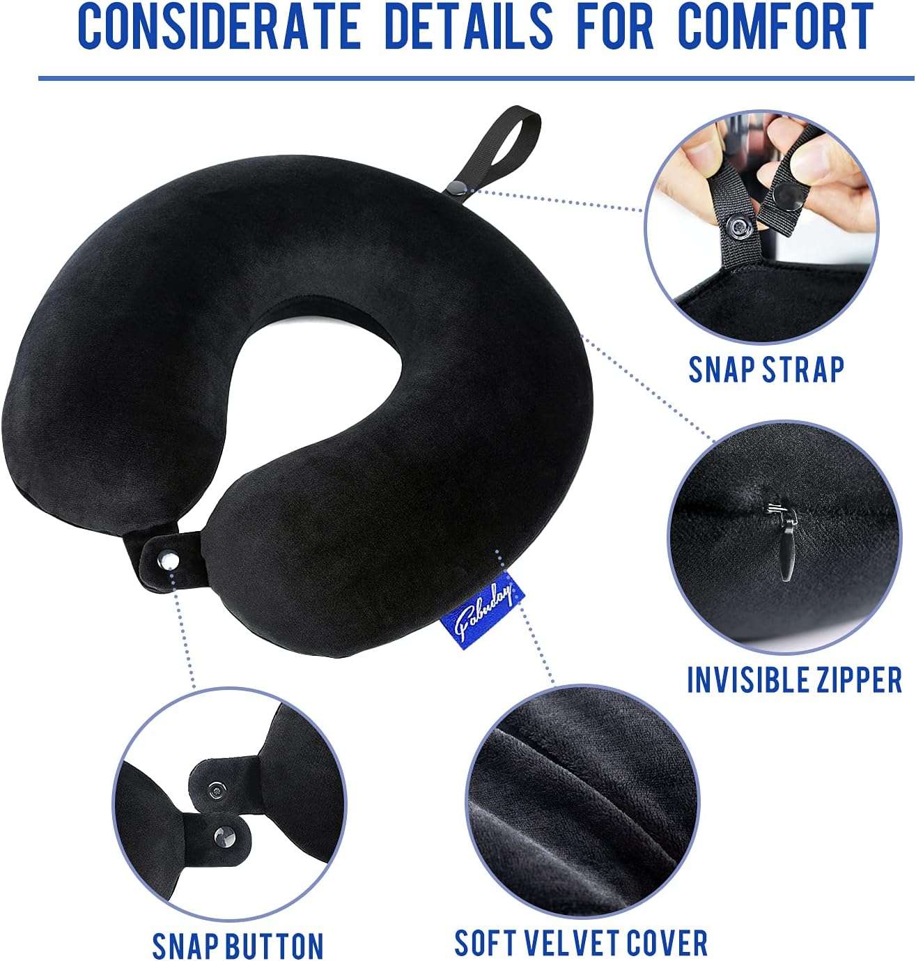 Fabuday Memory Foam Travel Pillows for Airplanes - Neck Pillow for Traveling with Attachable Snap Strap Soft Washable Cover, Flight Pillow for Sleeping, Car, Home, Office, Black - 6