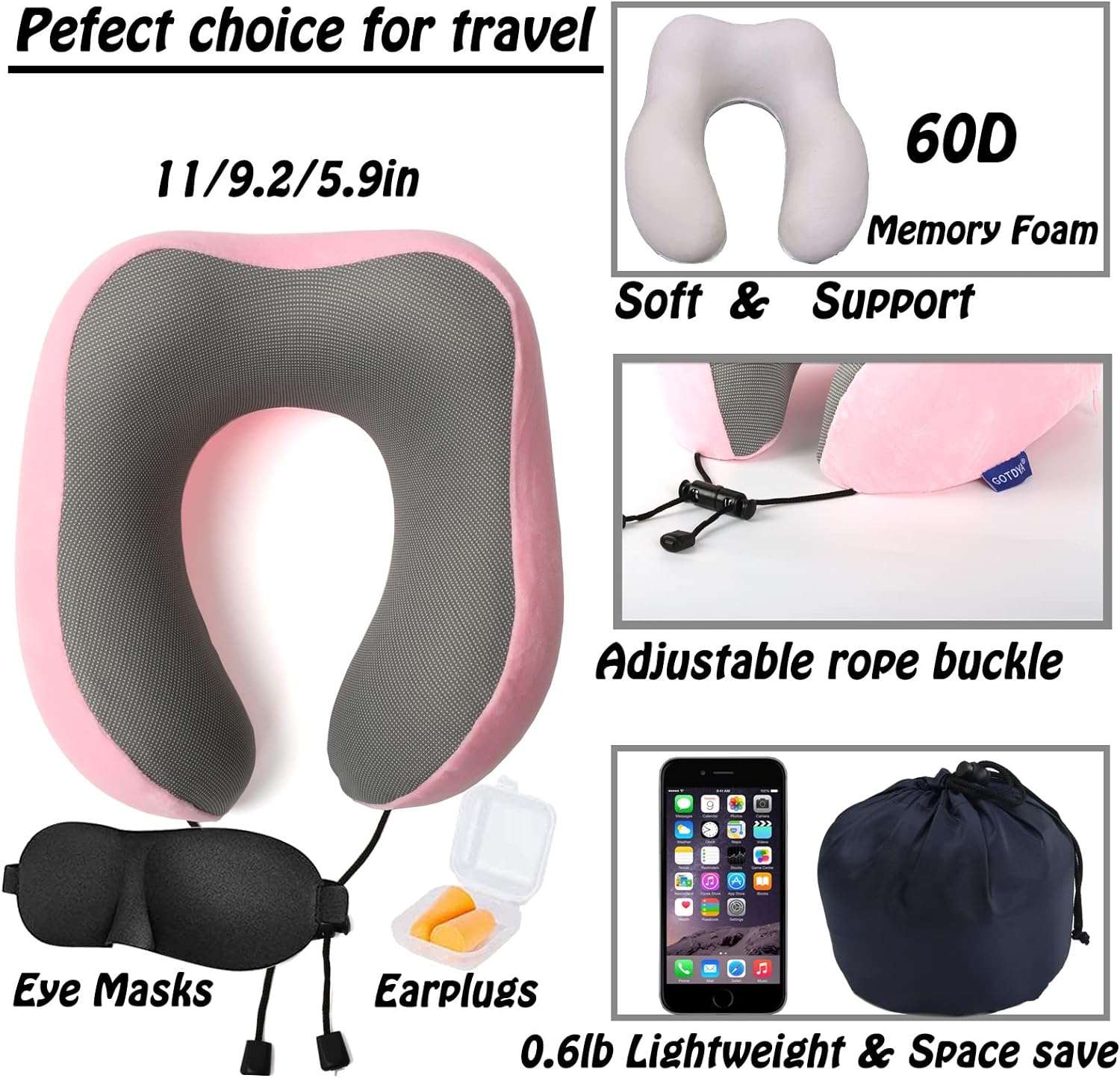 GOTDYA Travel Pillow,Travel Neck Pillows for Sleeping,100% Pure Memory Foam Soft Comfort & Support Pillow for Airplane - 2