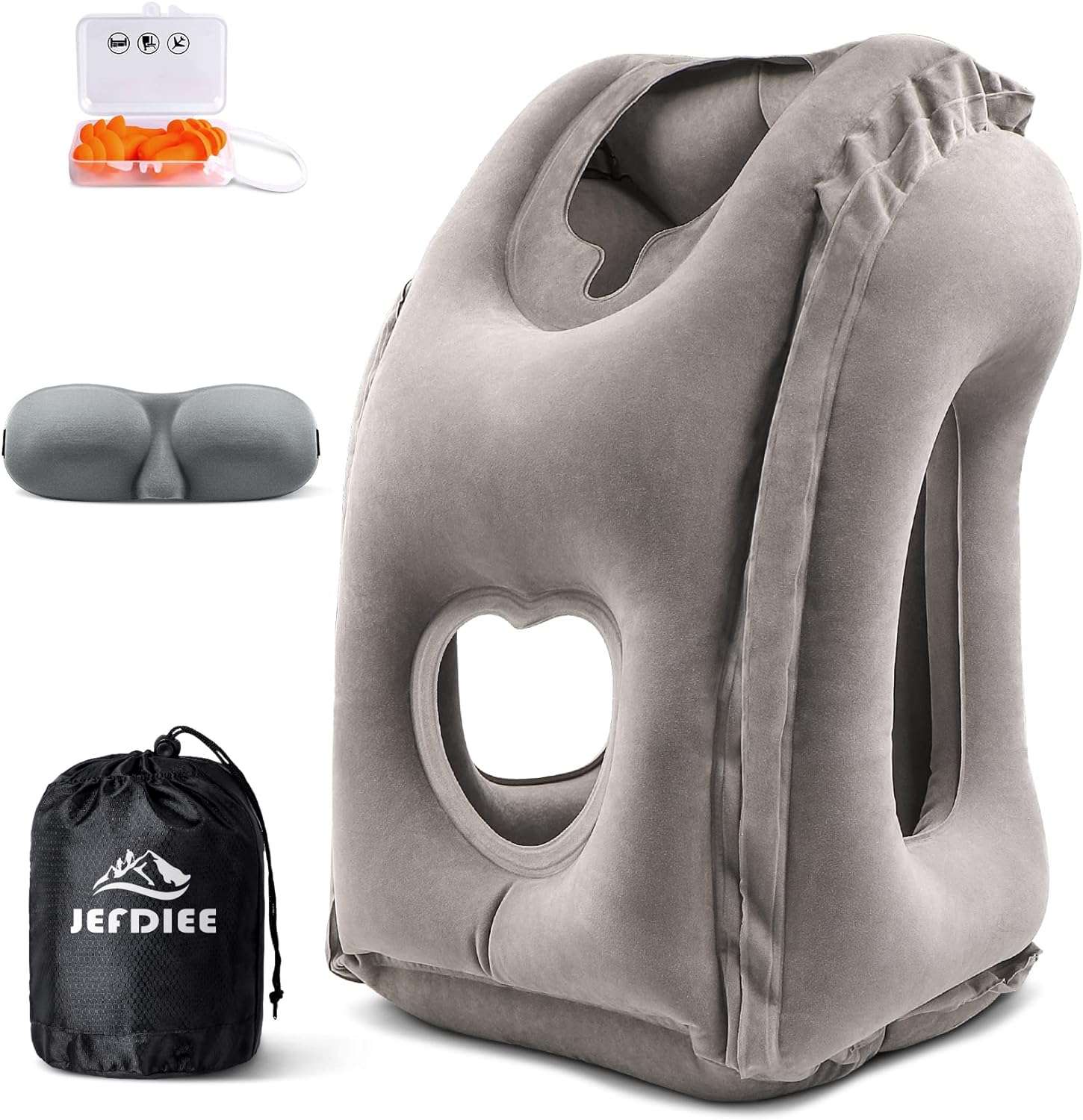 JefDiee Inflatable Travel Pillow, Airplane Neck Pillow Comfortably Supports Head and Chin for Airplanes, Trains, Cars Office Napping with 3D Eye Mask, Earplugs Portable Drawstring Bag - 1