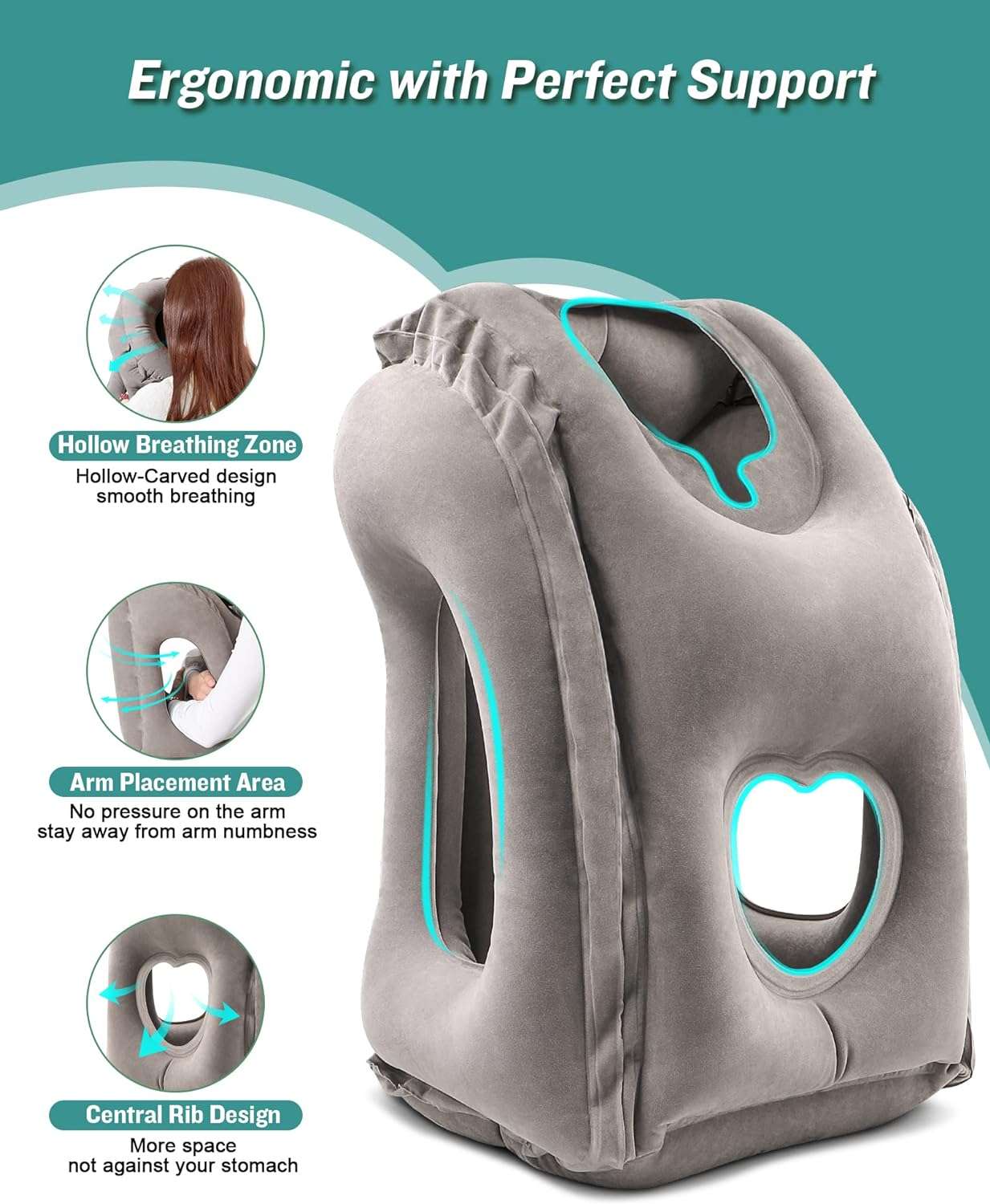 JefDiee Inflatable Travel Pillow, Airplane Neck Pillow Comfortably Supports Head and Chin for Airplanes, Trains, Cars Office Napping with 3D Eye Mask, Earplugs Portable Drawstring Bag - 2