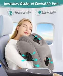 JefDiee Inflatable Travel Pillow, Airplane Neck Pillow Comfortably Supports Head and Chin for Airplanes, Trains, Cars Office Napping with 3D Eye Mask, Earplugs Portable Drawstring Bag - 3