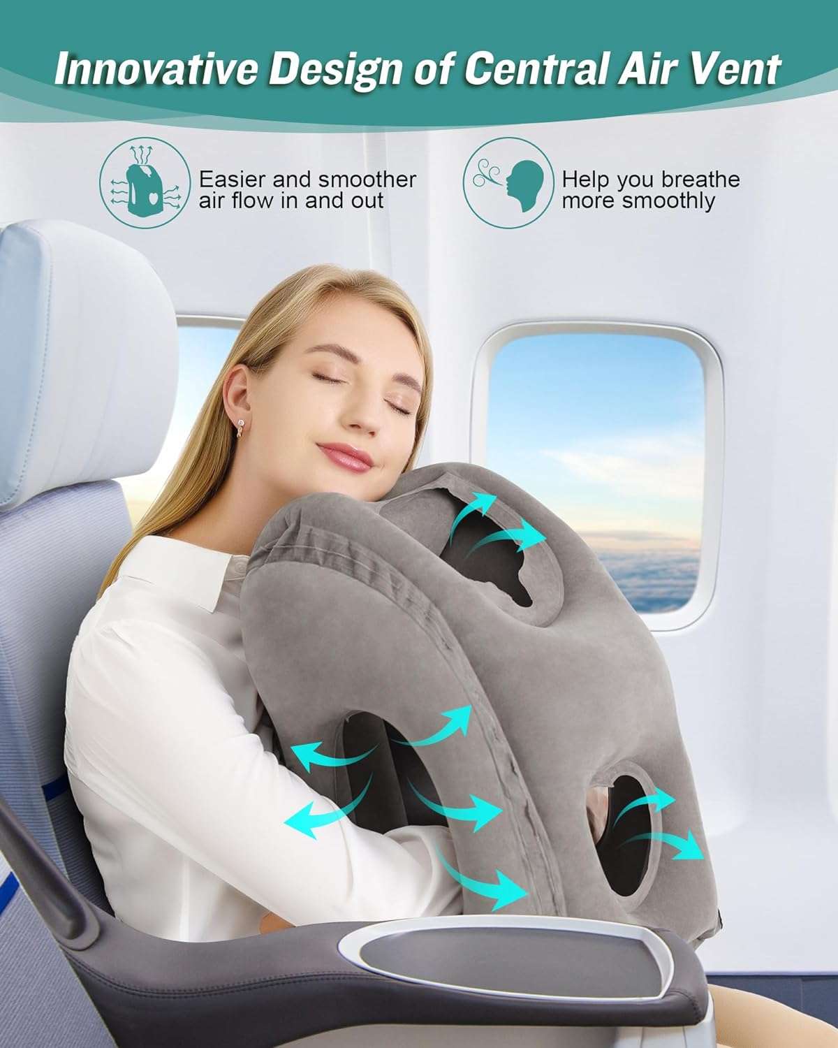 JefDiee Inflatable Travel Pillow, Airplane Neck Pillow Comfortably Supports Head and Chin for Airplanes, Trains, Cars Office Napping with 3D Eye Mask, Earplugs Portable Drawstring Bag - 3